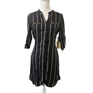 Striped Button-Up Shirt Midi Dress With Roll-Tab Sleeves & Tie Waist Size Small